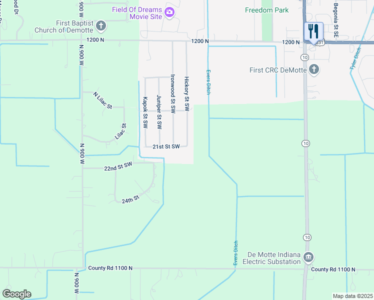 map of restaurants, bars, coffee shops, grocery stores, and more near 801 21st Street Southwest in De Motte
