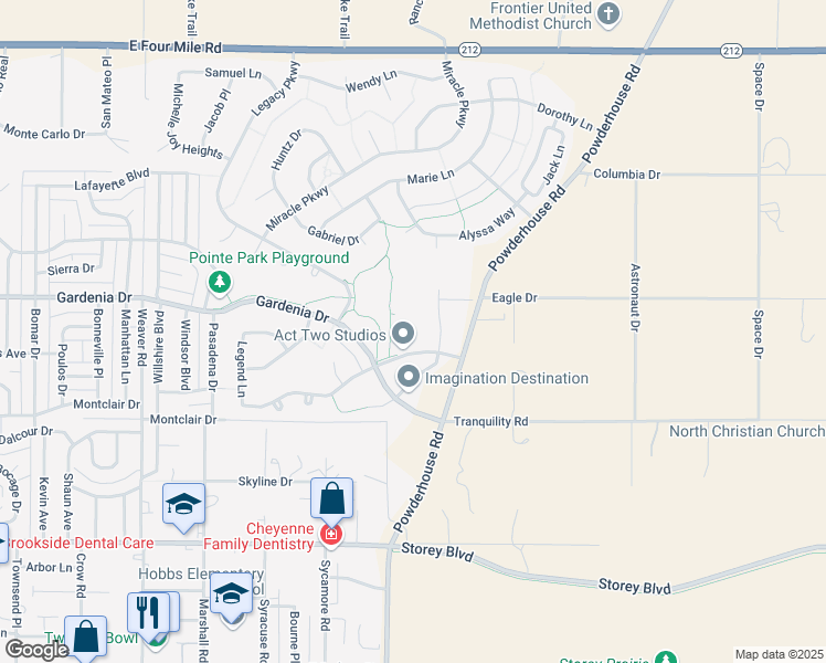 map of restaurants, bars, coffee shops, grocery stores, and more near 6724 Faith Drive in Cheyenne