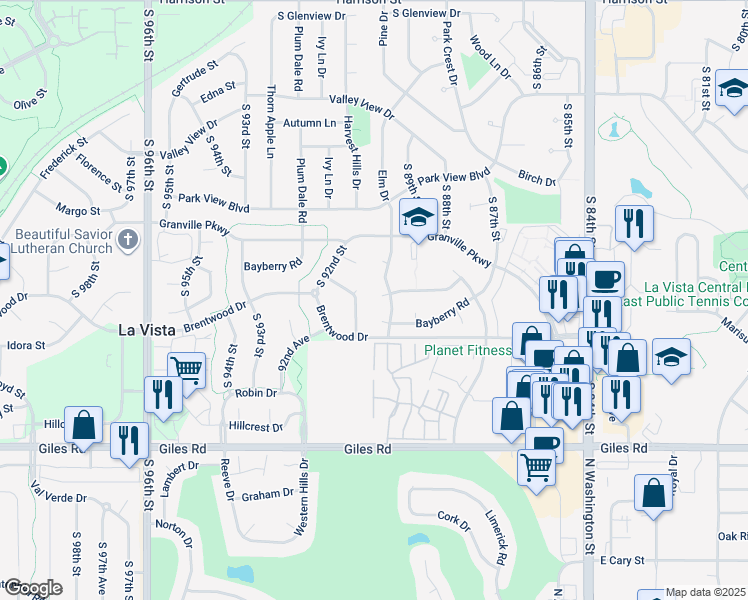 map of restaurants, bars, coffee shops, grocery stores, and more near 9010 Honey Locust Drive in La Vista