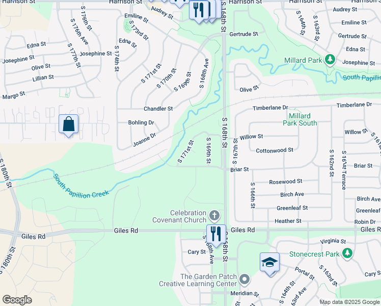 map of restaurants, bars, coffee shops, grocery stores, and more near 7935 South 171st Street in Omaha