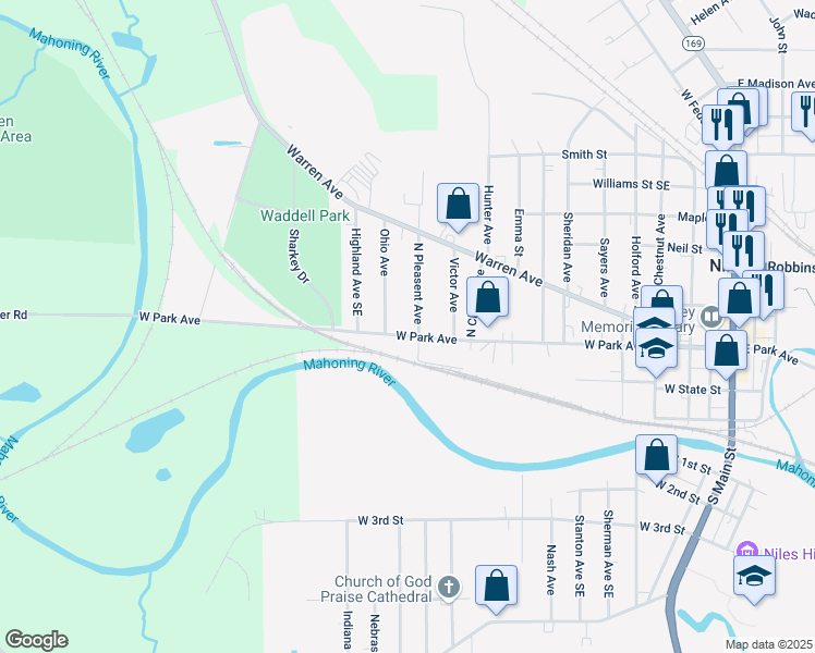 map of restaurants, bars, coffee shops, grocery stores, and more near 908 Park Place in Niles