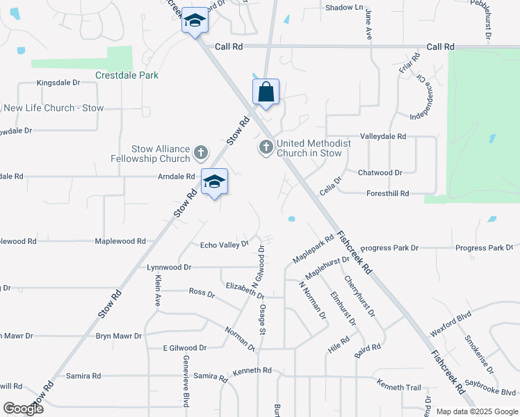 map of restaurants, bars, coffee shops, grocery stores, and more near 2424 Echo Valley Drive in Stow