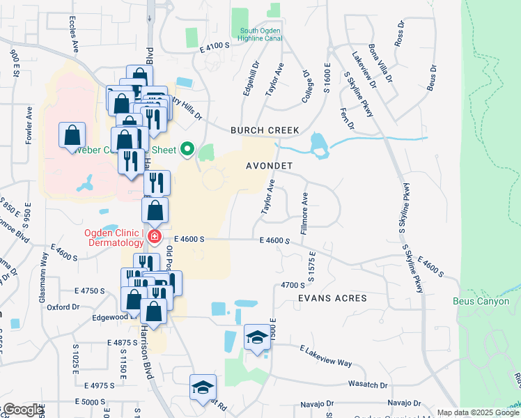 map of restaurants, bars, coffee shops, grocery stores, and more near 4525 Taylor Avenue in Ogden