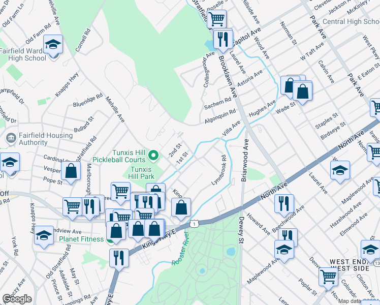 map of restaurants, bars, coffee shops, grocery stores, and more near 43 Nichols Avenue in Fairfield