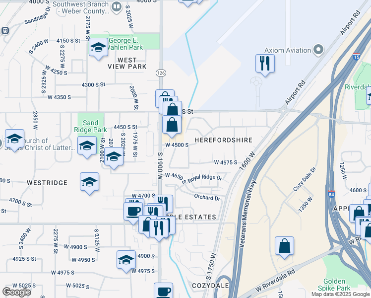 map of restaurants, bars, coffee shops, grocery stores, and more near 1825 West 4500 South in Roy