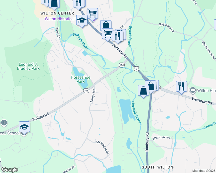 map of restaurants, bars, coffee shops, grocery stores, and more near 51 Wolfpit Rd in Wilton