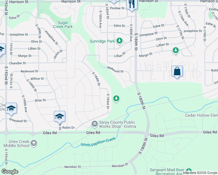 map of restaurants, bars, coffee shops, grocery stores, and more near 18308 Blackwalnut Street in Omaha