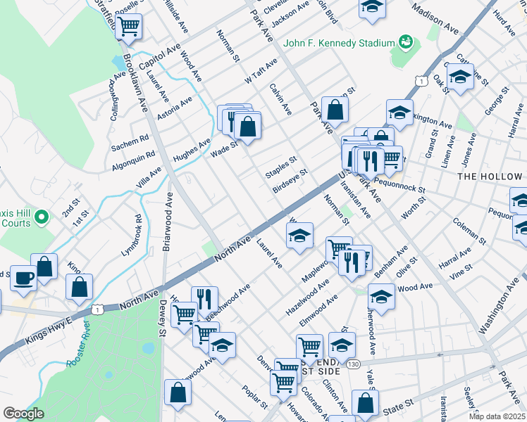 map of restaurants, bars, coffee shops, grocery stores, and more near 150 Pacific Street in Bridgeport