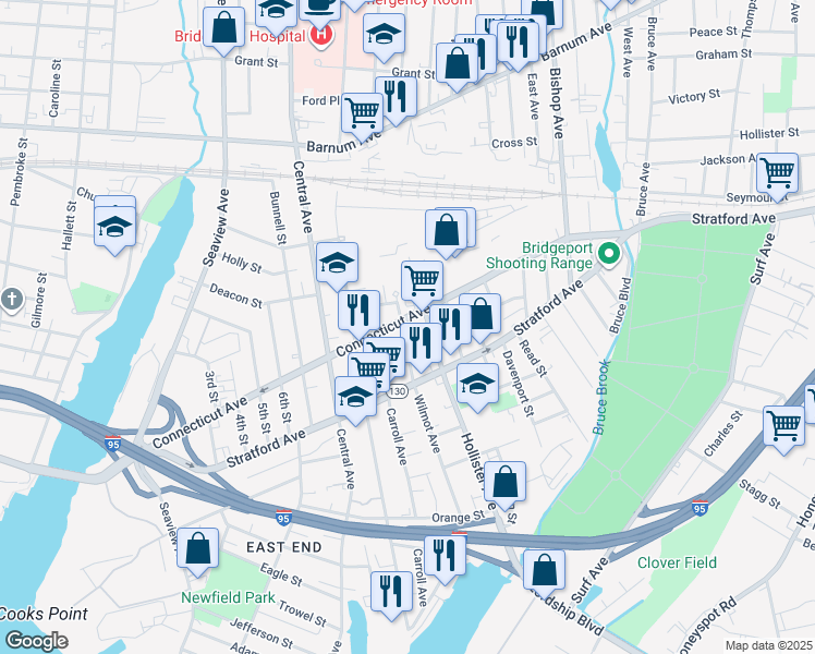 map of restaurants, bars, coffee shops, grocery stores, and more near 510 Wilmot Avenue in Bridgeport