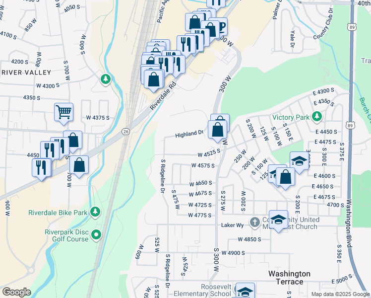 map of restaurants, bars, coffee shops, grocery stores, and more near 430 W 4525 S in Ogden