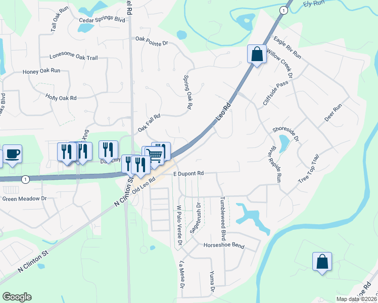 map of restaurants, bars, coffee shops, grocery stores, and more near 10505 Old Leo Rd in Fort Wayne