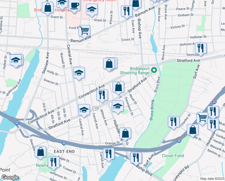 map of restaurants, bars, coffee shops, grocery stores, and more near 460 Logan Street in Bridgeport