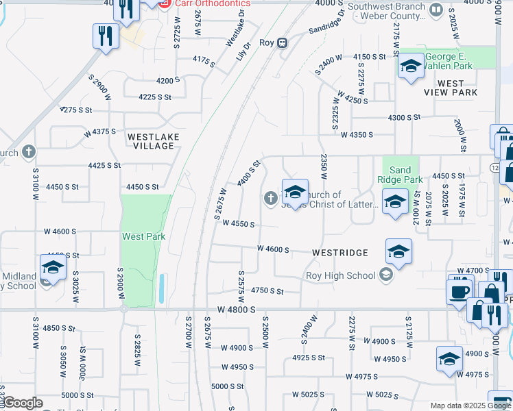 map of restaurants, bars, coffee shops, grocery stores, and more near 4521 South 2525 West in Roy