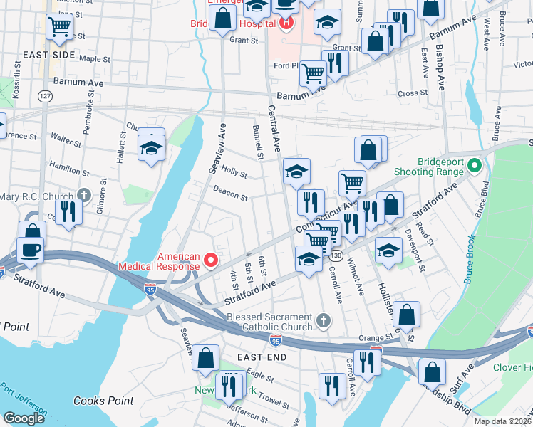 map of restaurants, bars, coffee shops, grocery stores, and more near 212 Bunnell Street in Bridgeport