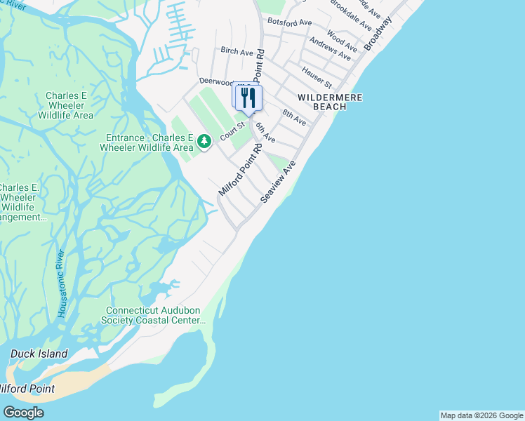 map of restaurants, bars, coffee shops, grocery stores, and more near 5 Seaview Avenue in Milford