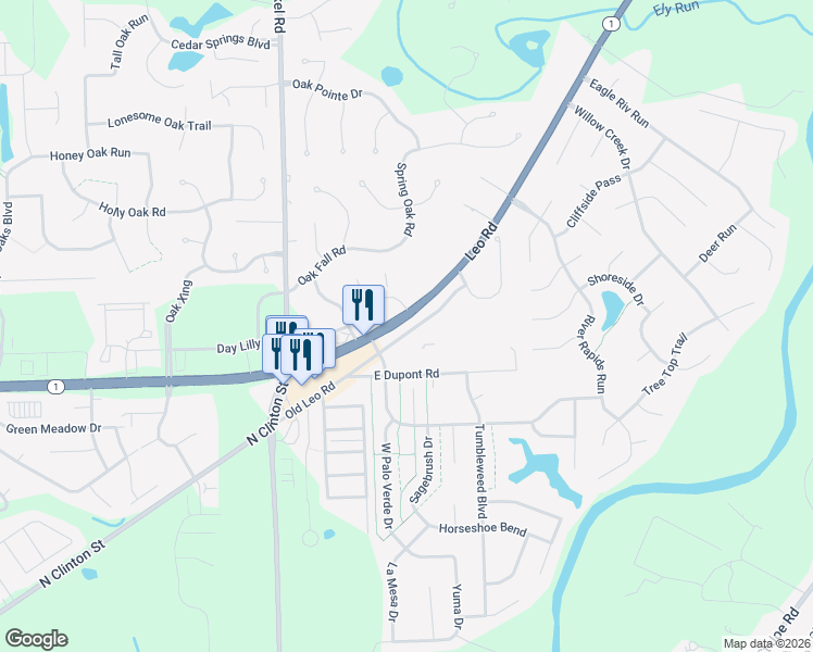 map of restaurants, bars, coffee shops, grocery stores, and more near 10505 Old Leo Rd in Fort Wayne