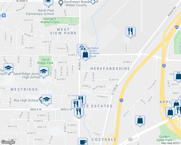 map of restaurants, bars, coffee shops, grocery stores, and more near 1825 West 4500 South in Roy