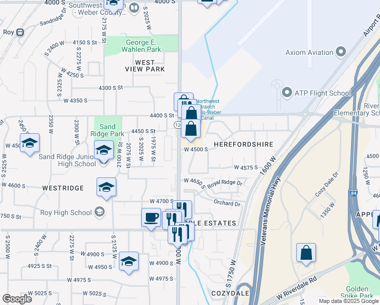 map of restaurants, bars, coffee shops, grocery stores, and more near 1825 West 4500 South in Roy