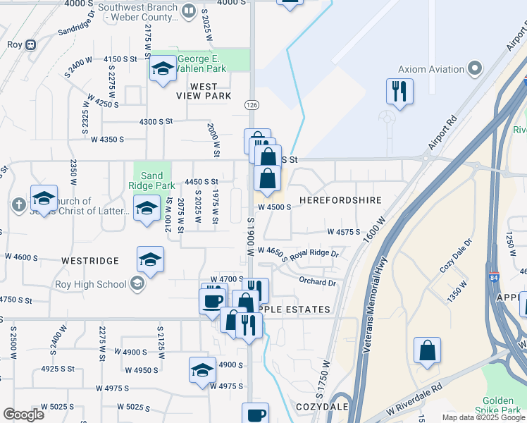 map of restaurants, bars, coffee shops, grocery stores, and more near 1825 West 4500 South in Roy