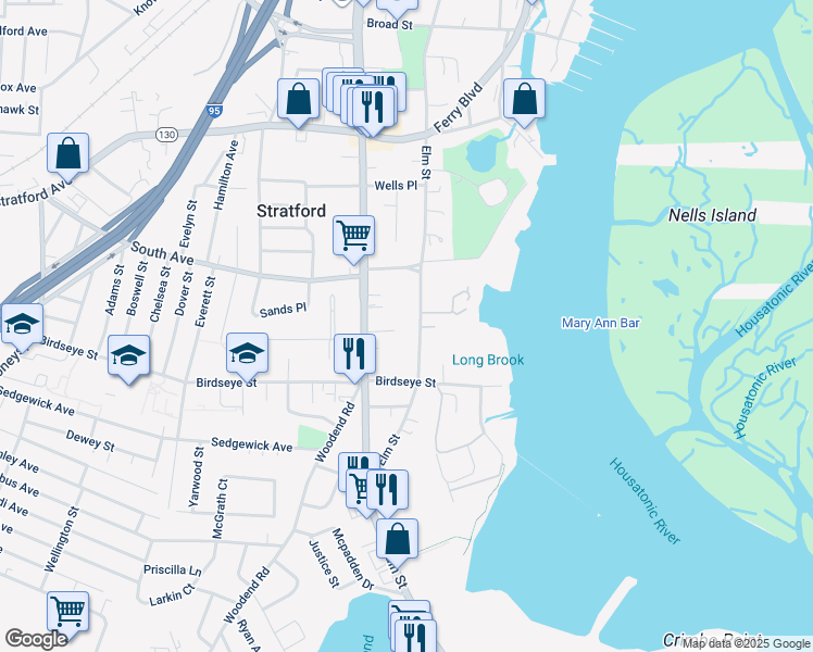 map of restaurants, bars, coffee shops, grocery stores, and more near 1491 Elm Street in Stratford