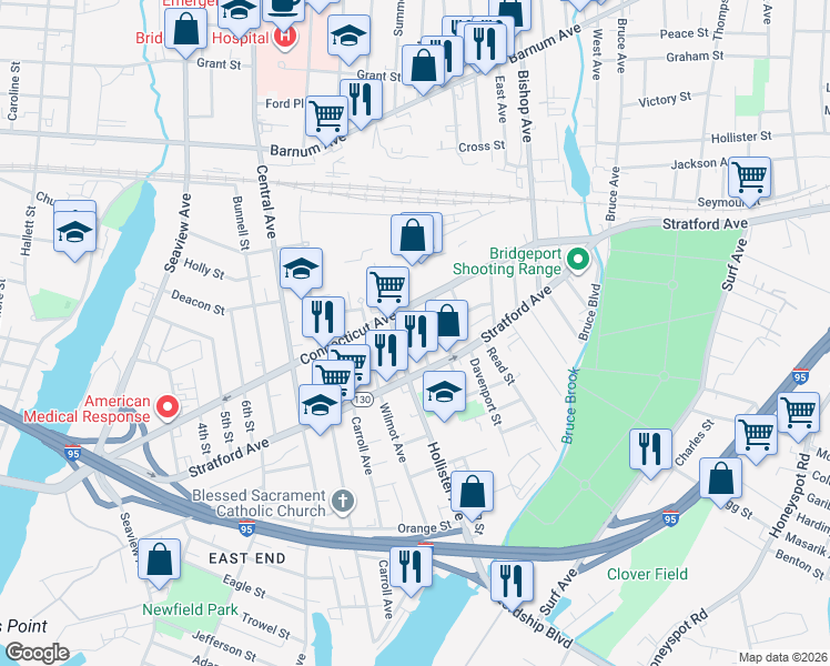 map of restaurants, bars, coffee shops, grocery stores, and more near 460 Logan Street in Bridgeport