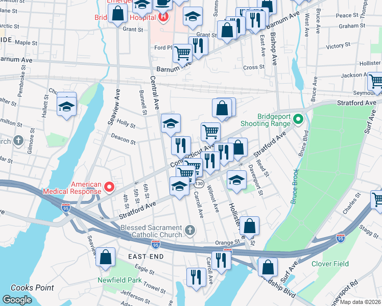 map of restaurants, bars, coffee shops, grocery stores, and more near None in Bridgeport
