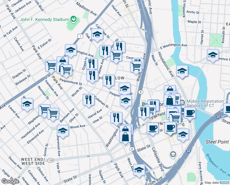 map of restaurants, bars, coffee shops, grocery stores, and more near 126 Pequonnock Street in Bridgeport