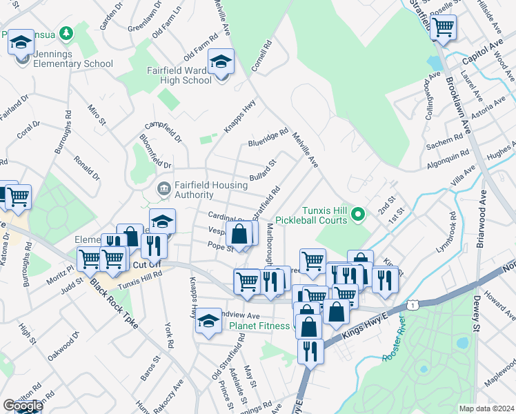 map of restaurants, bars, coffee shops, grocery stores, and more near 241 Old Stratfield Road in Fairfield