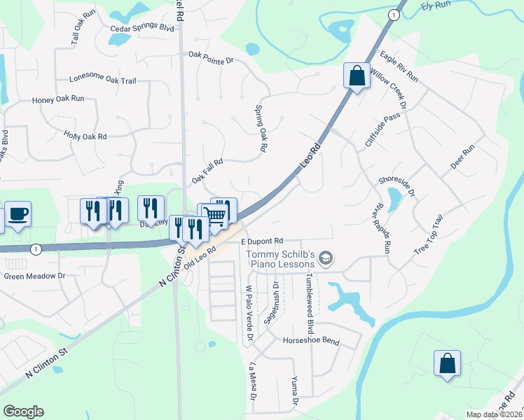 map of restaurants, bars, coffee shops, grocery stores, and more near 10505 Old Leo Rd in Fort Wayne