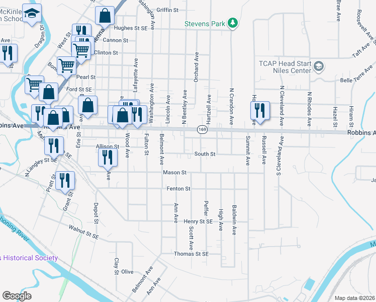 map of restaurants, bars, coffee shops, grocery stores, and more near 47 South Bentley Avenue in Niles