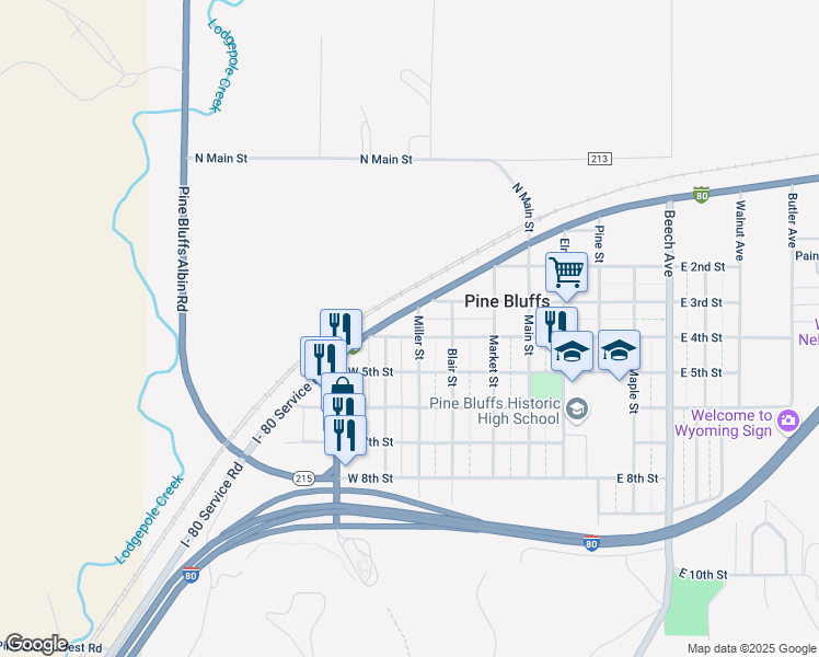 map of restaurants, bars, coffee shops, grocery stores, and more near 405 West 4th Street in Pine Bluffs