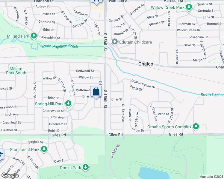 map of restaurants, bars, coffee shops, grocery stores, and more near 15428 Cottonwood Street in Omaha