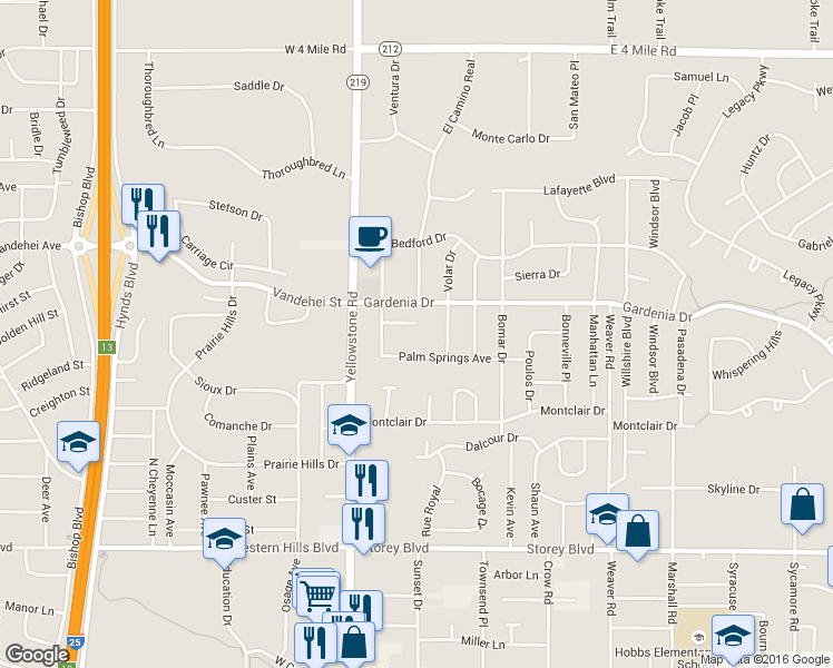map of restaurants, bars, coffee shops, grocery stores, and more near 221 Talon Court in Cheyenne
