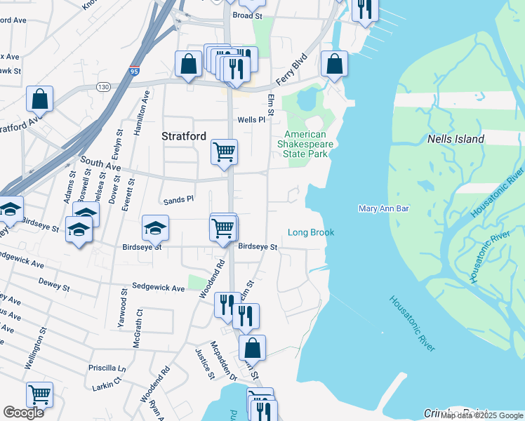 map of restaurants, bars, coffee shops, grocery stores, and more near 1491 Elm Street in Stratford