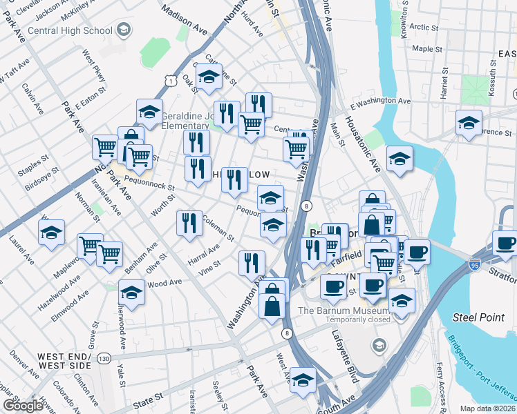 map of restaurants, bars, coffee shops, grocery stores, and more near 126 Pequonnock Street in Bridgeport