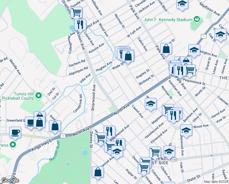 map of restaurants, bars, coffee shops, grocery stores, and more near 51 Brooklawn Place in Bridgeport