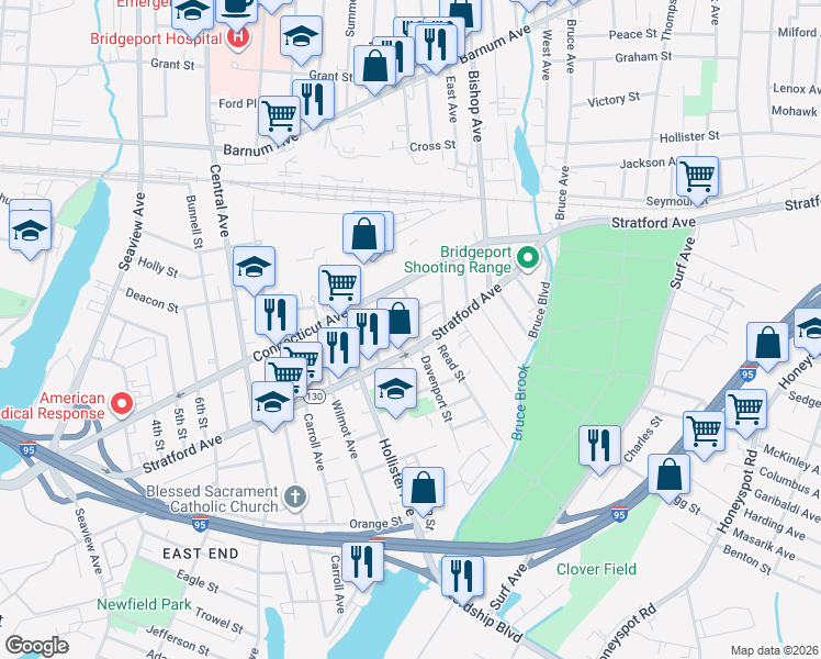 map of restaurants, bars, coffee shops, grocery stores, and more near 25-27 Hewitt Court in Bridgeport