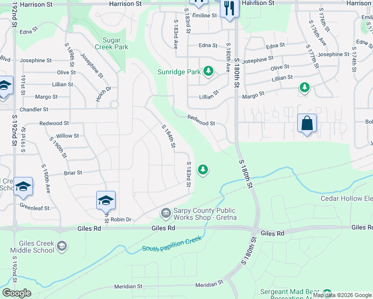 map of restaurants, bars, coffee shops, grocery stores, and more near 18308 Blackwalnut Street in Omaha