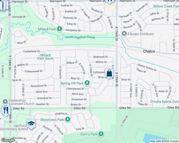 map of restaurants, bars, coffee shops, grocery stores, and more near 7820 South 159th Street in Omaha
