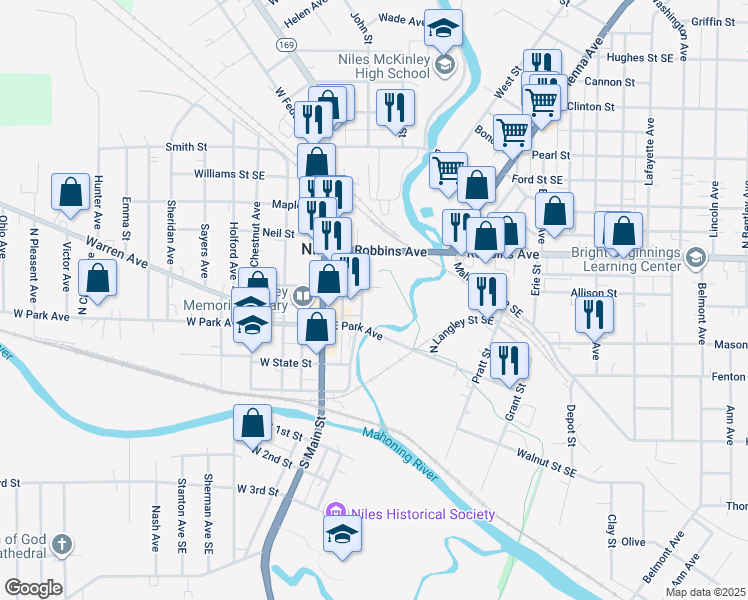 map of restaurants, bars, coffee shops, grocery stores, and more near 155 East State Street Southeast in Niles