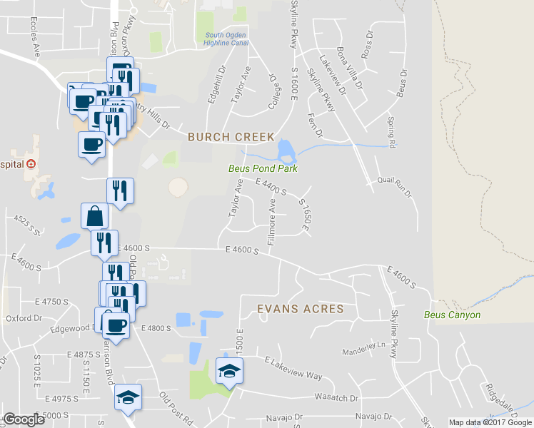 map of restaurants, bars, coffee shops, grocery stores, and more near 4499 Fillmore Avenue in Ogden
