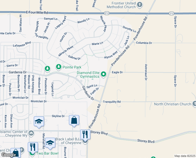 map of restaurants, bars, coffee shops, grocery stores, and more near 6720 Powderhouse Road in Cheyenne