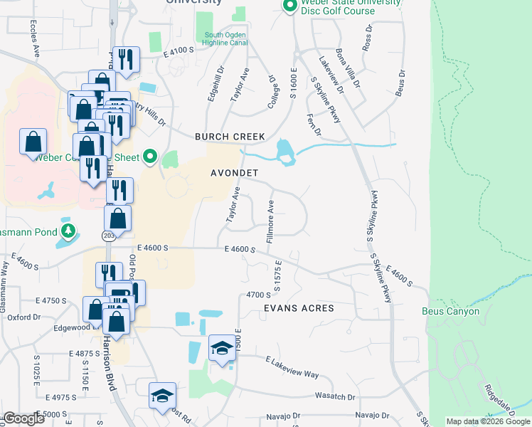 map of restaurants, bars, coffee shops, grocery stores, and more near 4499 Fillmore Avenue in Ogden