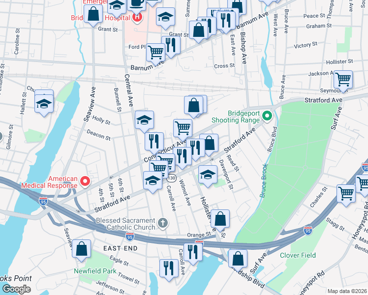 map of restaurants, bars, coffee shops, grocery stores, and more near 465 Hollister Avenue in Bridgeport