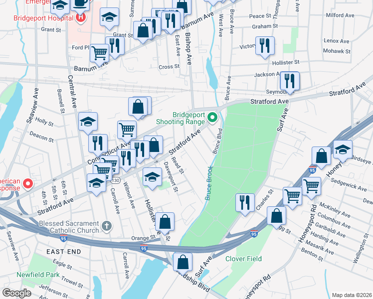 map of restaurants, bars, coffee shops, grocery stores, and more near 85 Miles Street in Bridgeport