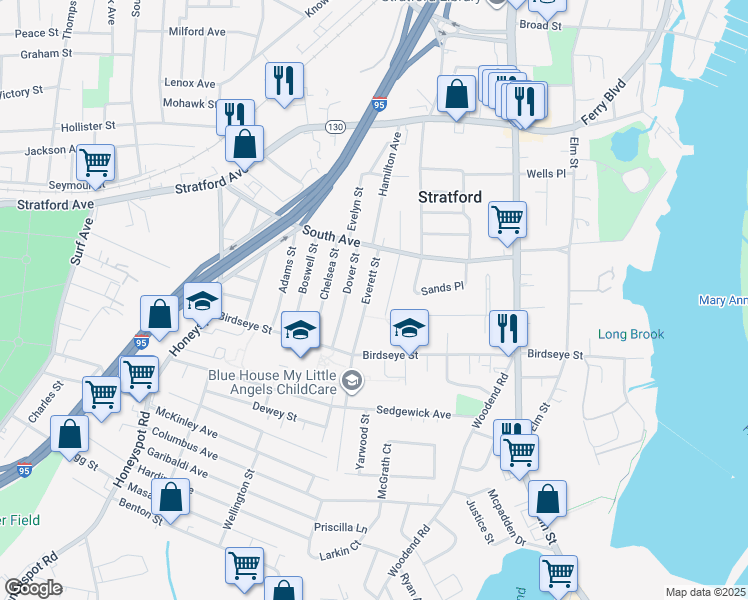 map of restaurants, bars, coffee shops, grocery stores, and more near 144 Everett Street in Stratford