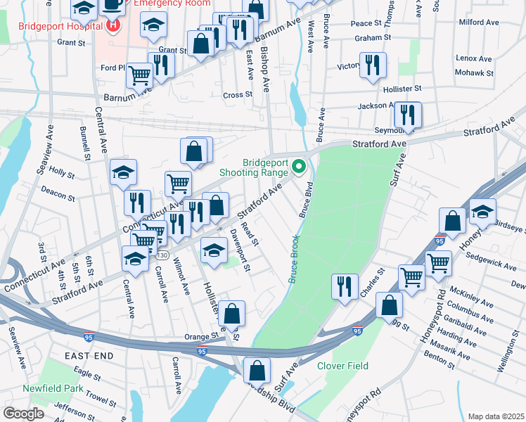 map of restaurants, bars, coffee shops, grocery stores, and more near 85 Miles Street in Bridgeport