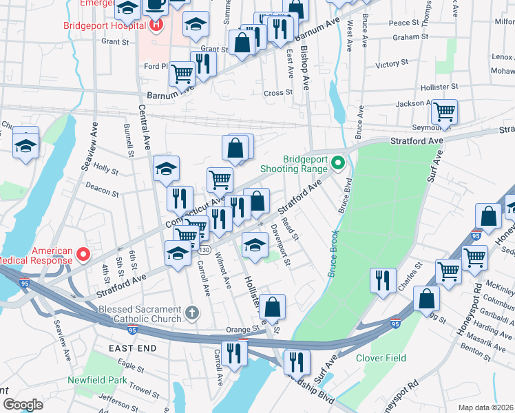 map of restaurants, bars, coffee shops, grocery stores, and more near 25-27 Hewitt Court in Bridgeport