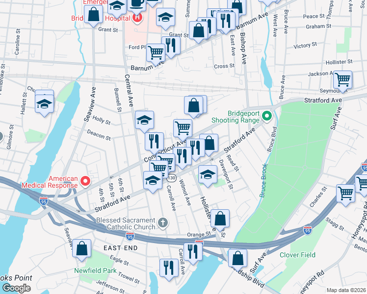 map of restaurants, bars, coffee shops, grocery stores, and more near 465 Hollister Avenue in Bridgeport
