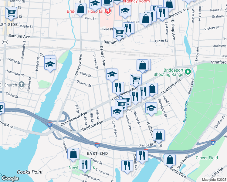 map of restaurants, bars, coffee shops, grocery stores, and more near 651 Union Avenue in Bridgeport